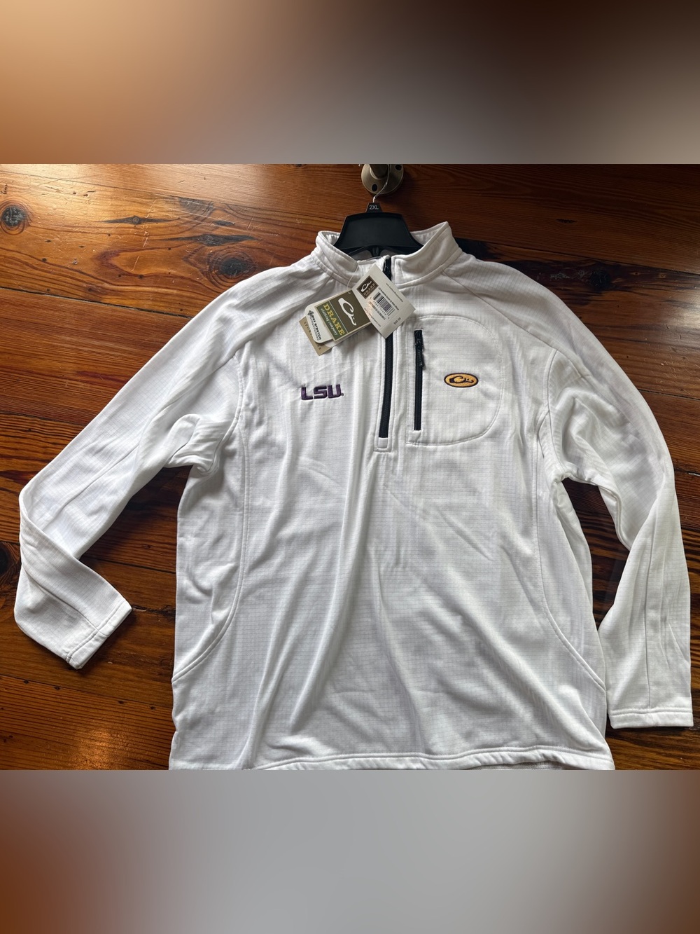 Drake White Pullover with Purple and Gold LSU Logo